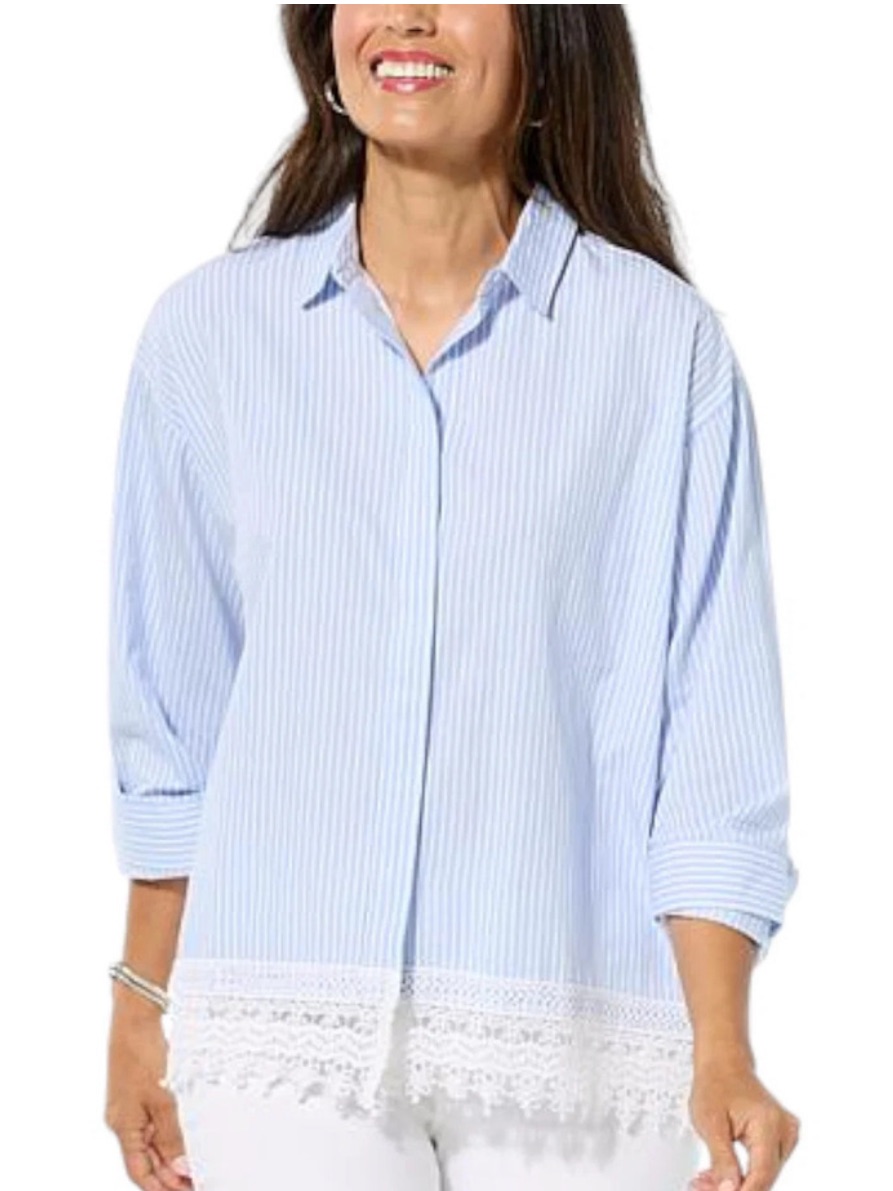 Light Blue Striped Button-Down Shirt With White Lace Hem